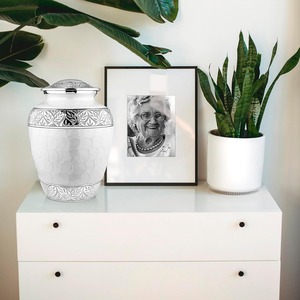<b>Memorial</b> Cremation Urn With Engraved Leaf Design Decorative Metal Ashes Urn With Velvet Bag Set - Product Image 6