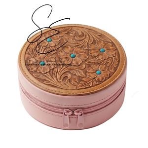 2026 NEW for Rustic Western Leather Jewelry Organizer <b>Box</b> Handmade Floral <b>Tooled</b> Cowhide Case Zipper Velvet Lining Rings - Product Image 2