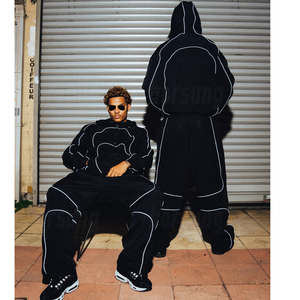 Custom Winter Hooded Zip Blank Oversized <b>Reflective</b> Waterproof Windproof Nylon Jacket Track Pants Jogger Sets Tracksuit - Product Image 4