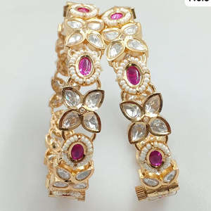 Openable <b>Bangles</b> <b>Set</b> with <b>Gold</b> Plated Pota Stone and Pearls 2.6 Inches-12162431WHP - Product Image 1