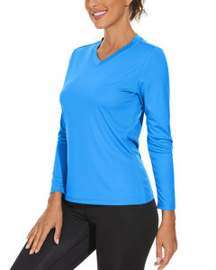 Camiseta de Punto de Manga Larga con Cuello en V Azul para Mujer, de Secado Rápido, Corte Regular, Color Sólido, Informal, para Primavera y Verano - Product Image 2