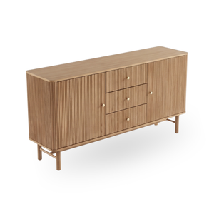 Commode autoportante en teck massif, style minimaliste moderne, avec 3 tiroirs et porte cannelée, pour chambre d'hôtel et salon - Product Image 2