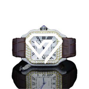 Montre carrée pour homme, aspect diamant moissanite, chiffres romains, cadran blanc, bracelet en cuir marron, montre automatique de luxe - Product Image 6