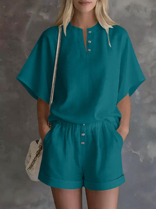 Conjunto de Dos Piezas de Verano para Mujer, Color Sólido, Informal, Top de Manga Corta con Detalle de Botones, Corte Holgado, Largo por Encima de la Rodilla - Product Image 2
