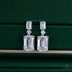 IGI Certified Emerald Cut Lab Created Diamond Multi Stone Drop With Round Diamond <b>Earrings</b> Elegant Gold Jewelry for Your Wife - Product Image 1