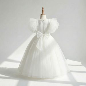 Nuevo Vestido de Princesa de Tul Blanco con Mangas Abullonadas, Largo hasta la Rodilla, Estilo Línea A, con Malla Brillante, Transpirable y Ecológico para Niñas, Ideal para Comunión - Product Image 3
