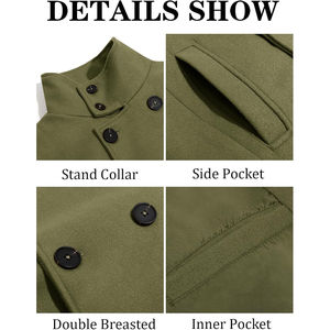 Manteau en laine pour homme, vert olive, double boutonnage, col à revers, long et épais, pour l'hiver - Product Image 5