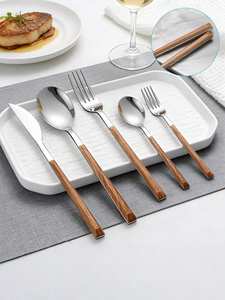 Cubiertos de acero inoxidable con mango de madera para el hogar: cuchara, tenedor, cuchillo, vajilla - Product Image 6