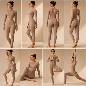 Women Seamless Yoga Set Long Sleeve <b>Crop</b> <b>Top</b> High Waist Leggings Fitness Activewear Set - Product Image 3