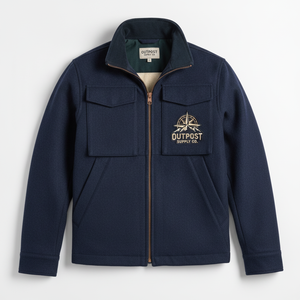 Chaqueta de Forro Polar Azul Marino para Hombre de Outpost Supply Co, con Logotipo Bordado y Cierre de Cremallera, Estilo Workwear - Product Image 1