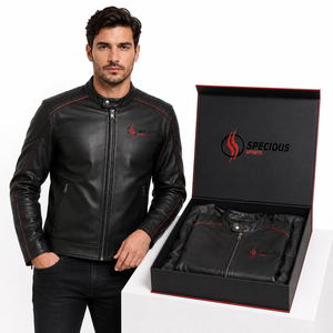 Veste en cuir PU noire pour homme, coupe ajustée, avec surpiqûres rouges, col montant, fermeture éclair et logo frontal - Product Image 6