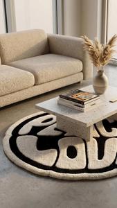Tapis d'appoint décoratif moderne en laine tuftée à la main, antidérapant, à poils moyens, motif géométrique, noir et blanc, design classique, qualité supérieure, Paix et Amour - Product Image 4
