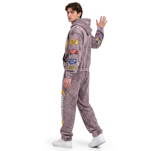 Ensemble sweat à capuche et pantalon de survêtement en coton délavé pour homme – Coupe oversize, épaisse et décontractée, style streetwear urbain - Product Image 1