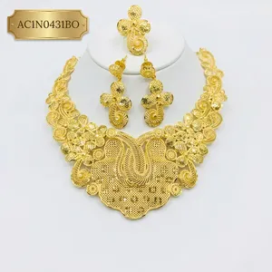 Royal 24K Gold Plated Floral Peacock African <b>Charm</b> Necklace Set Box Chain Elegant Flower Pattern Classic Wedding Fashion - Product Image 2