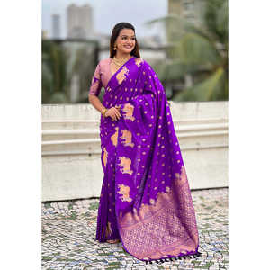 Sari en Soie Douce Violette Elite Weaves avec Bordure Nandi et Double Broderie Zari – Élégance du Soir - Product Image 6