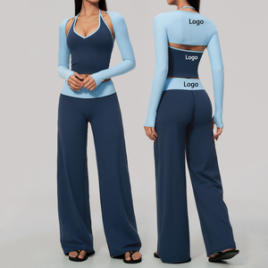 Women's Halter Neck Solid Color Knitted Tank Top with Long Sleeves and <b>Wide</b> <b>Leg</b> <b>Pants</b> Set Breathable Minimalist Style for <b>Yoga</b> - Product Image 6