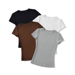 Camiseta Corta de Verano 2024, Estilo Retro Americano, Cuello Redondo, Manga Corta, Contraste de Color, para Mujer - Product Image 1