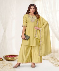 Kurta/Kurti Tradicional de Seda para Mujer, Largo hasta la Rodilla, con Múltiples Bordados, de Secado Rápido, Estilo Casual Étnico, Corte Regular, para Todas las Temporadas, India - Product Image 1