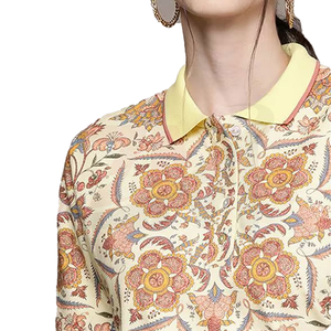 Camiseta polo al por mayor personalizada para mujer, con estampado floral, manga corta, informal, de tela tejida, con cuello amarillo, para camisetas de mujer - Product Image 2