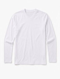 Camiseta de Manga Larga con Cuello en V para Hombre, 100% Algodón, Tejido Transpirable, Corte Regular, Color Blanco Sólido, Ropa Casual - Product Image 5