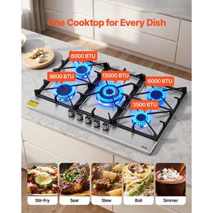 Piano Cottura a Gas Incasso in Acciaio Inox da 36 Pollici con 5 Bruciatori, Max 38300BTU, Convertibile GPL/Gas Naturale, Doppia Alimentazione - Product Image 3