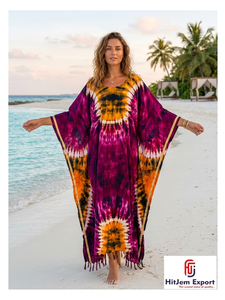 Vestido Kaftán Tie Dye para Mujer, Cuello Redondo, Holgado, Largo hasta el Suelo, Manga Corta, Estilo Bohemio, para Playa, Verano, con Borlas, de Chifón, Fabricante OEM ODM - Product Image 1