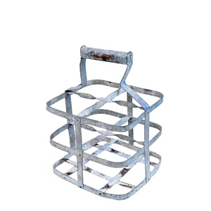 Antique French Galvanized Metal Bottle Wine Holder Farmhouse Industrial Steel Bottle <b>Caddy</b> Rack With Handle For Kitchen Display - Product Image 1
