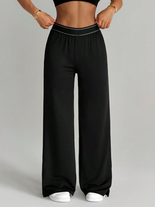Pantalon Palazzo Femme Taille Haute Ample et Fluide Noir Athleisure avec Poches Fente Latérale Extensible Décontracté - Product Image 4