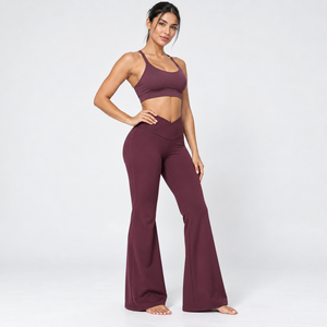 Women's High Waist <b>Flared</b> <b>Leggings</b> Solid Color Seamless Yoga Pants Full Length Activewear Stretch Fabric - Product Image 2