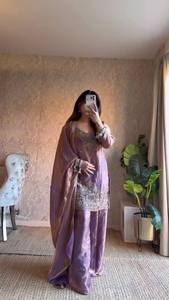 Ensemble Salwar Kameez pour femmes, brodé violet, avec dupatta en soie, coupe classique, vêtements indiens et pakistanais - Product Image 5
