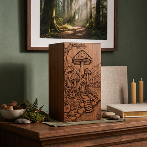 Wooden <b>Memorial</b> Urn Engraved Mushroom Forest <b>Keepsake</b> Cremation Urn Decorative Tribute <b>Box</b> for Remembrance - Product Image 4