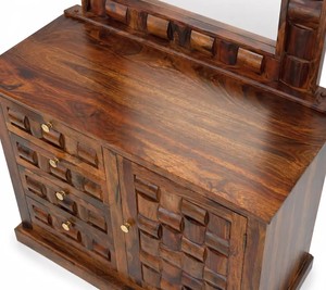 Solid Wood Carved Dressing Table | 3D Basket Weave Vanity <b>Desk</b> with <b>Large</b> Mirror | Wholesale Bedroom Furniture - Product Image 6