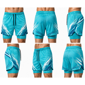 Shorts de basketball pour hommes à sublimation, motif géométrique, séchage rapide, cordon de serrage, coupe sportive, bleu - Product Image 6