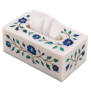 Boîte à mouchoirs murale élégante en marbre blanc de qualité supérieure avec incrustation florale en pierre semi-précieuse disponible à la vente - Product Image 6