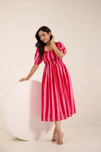 Robe midi en coton rayée rose, col carré, manches bouffantes, coupe trapèze, tenue décontractée d'été, tissu tissé respirant - Product Image 3