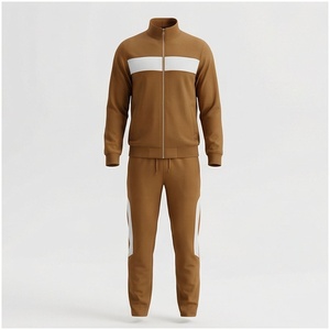 Ensemble de survêtement marron pour homme, manches longues, col montant, fermeture éclair sur le devant, blocs de couleur, décontracté, respirant, pour l'automne, coupe classique - Product Image 1