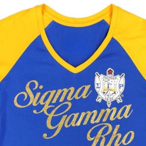 เสื้อยืดคอวี SGR สีน้ำเงินรอยัล ซิกมาแกมมาโร โซโรริตี้ เสื้อยืดแขนสั้น เสื้อผ้ากรีกแบบกำหนดเอง สวมใส่สบาย ลำลอง ลายกราฟิก - Product Image 5