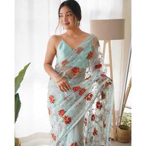 Saree traditionnel chinois de créateur avec broderie en fil et zari - Product Image 5