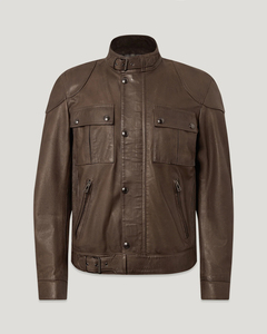 Blouson moto en cuir marron pour homme, col montant, fermeture boutonnée, poches, détails zippés, coupe classique, automne-hiver, OEM - Product Image 5