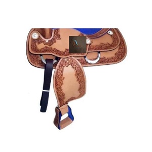 Western Tan <b>Leather</b> Floral Hand <b>Tooled</b> Barrel Racing Horse Saddle Flower Conchos Blue Suede Seat With Tack Set 10" 18" Inch - Product Image 2