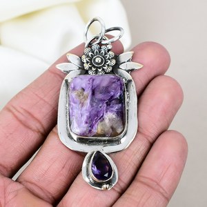 Pendentif élégant en argent sterling 925 plaqué or, fait main, avec charoïte et améthyste naturelles, cadeau de fiançailles - Product Image 3