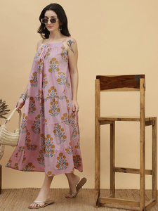 Floral Print <b>Boho</b> Midi <b>Dress</b> Sleeveless A-Line Loose Fit Cotton Bamboo Fiber <b>Summer</b> Casual <b>Dress</b> With Tiered Hem - Product Image 5