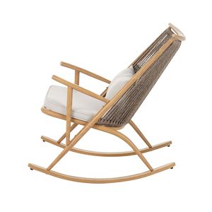 Silla mecedora resistente para exteriores con estructura de hierro con acabado en arce, respaldo de ratán PE gris claro y cojín gris - Product Image 5
