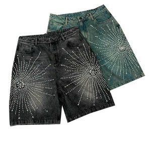 Pantalones Cortos de Mezclilla 100% Algodón para Hombre, Estilo Holgado con Tiras Laterales de Cristales y Diamantes de Imitación, Lavado, Estilo Urbano, Cierre con Cordón Ajustable - Product Image 4