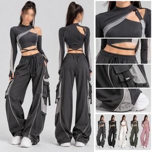 Unisex Stage <b>Dance</b> Two Piece Set Asymmetrical Cutout Long Sleeve Stand-Up Collar <b>Crop</b> <b>Top</b> Wide Leg Cargo Pants Polyester Digital - Product Image 1