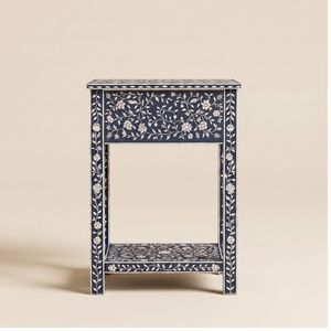 Table de chevet de luxe bleu marine avec incrustations en os, 1 tiroir, motif clé grecque, meuble de chevet indien fait main pour chambre à coucher - Product Image 2
