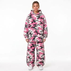 <b>Women's</b> Pink Camouflage <b>Hoodie</b> and Pants Set Loose Fit <b>Long</b> Sleeve Two Piece Tracksuit Wide Leg Sweatpants <b>For</b> <b>Women</b> - Product Image 1