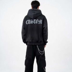 Découvrez le sweat à capuche coupe-vent zippé personnalisé IMPEX avec logo imprimé, effet délavé, graphisme en strass vieilli, style streetwear vintage - Product Image 4