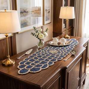Hand Knitted Navy Blue Polyester/Cotton <b>Table</b> <b>Runner</b> with Embroidered Stripe Pattern Gold Ivory for Wedding Home Luxury Decor - Product Image 1