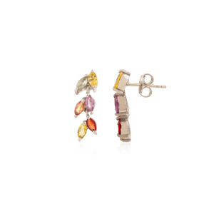 Boucles d'oreilles pendantes personnalisées tendance classiques en argent sterling 925 avec motif floral et feuilles, ornées de multiples saphirs, cadeau de fête pour femme, vente en gros - Product Image 3